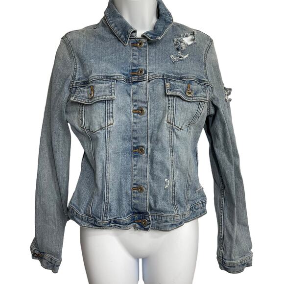 Silver Jeans Women Denim Jacket Size M Blue Ripped Distressed Y2K 2000s - Picture 1 of 8